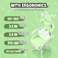 Cute Cat Gaming Chair with Paw Lumbar Cushion, PC Video Gamer Chair for Girl Teen Woman (Green)