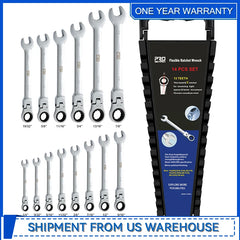 Prostormer 14-Piece Flex Head Ratcheting Wrench Set – SAE 1/4" to 7/8", Cr-V Steel with Rack