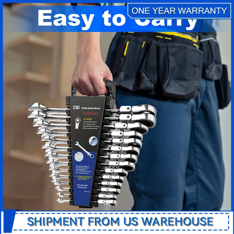 Prostormer 14-Piece Flex Head Ratcheting Wrench Set – SAE 1/4" to 7/8", Cr-V Steel with Rack