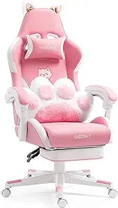 Cute Cat Gaming Chair with Paw Lumbar Cushion, PC Video Gamer Chair for Girl Teen Woman (Green)