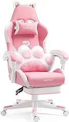 Cute Cat Gaming Chair with Paw Lumbar Cushion, PC Video Gamer Chair for Girl Teen Woman (Green)