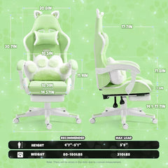 Cute Cat Gaming Chair with Paw Lumbar Cushion, PC Video Gamer Chair for Girl Teen Woman (Green)