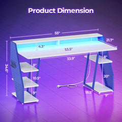 55" Gaming Desk – LED Lights, Storage Shelves