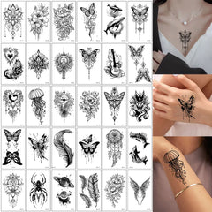 30Pcs Black Flower & Butterfly Temporary Tattoos
