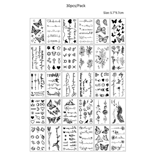 30Pcs Black Flower & Butterfly Temporary Tattoos