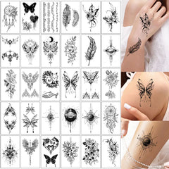 30Pcs Black Flower & Butterfly Temporary Tattoos
