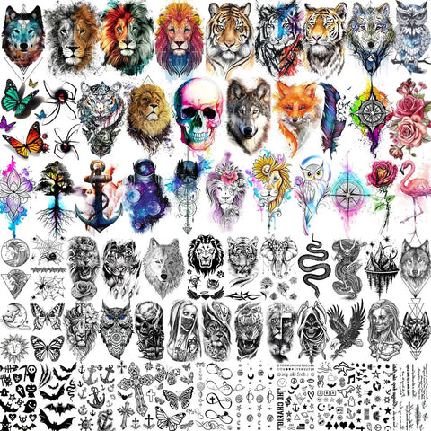 66 Sheets 3D Animal Temporary Tattoos – Wolf, Lion, Tiger, Eagle