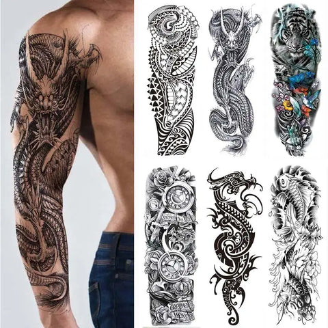 Waterproof Full Arm Temporary Tattoo Sleeve – Dragon, Skull, Tiger, Wolf Designs