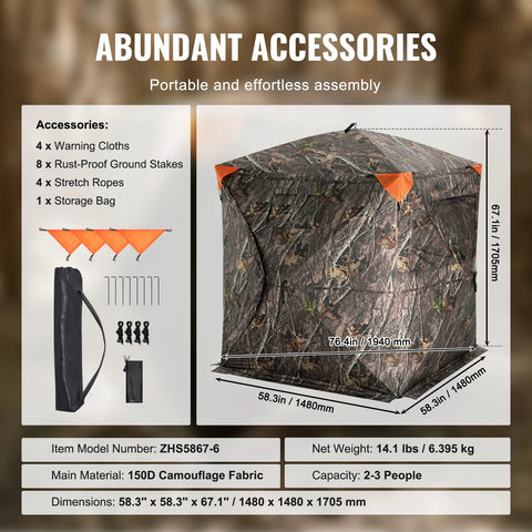 VEVOR Hunting Blind, 270° See Through Ground Blind, 2-3 Person Pop Up Deer Blind for Hunting with Carrying Bag, Portable Tent