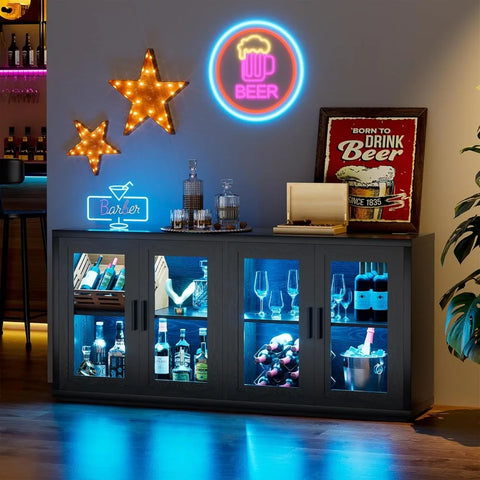 Wine Bar Cabinet with LED Light, 65" Sideboard Buffet Cabinet with Storage, Modern Home Coffee Bar Cabinet with Smart Human Sens