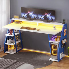 55" Gaming Desk – LED Lights, Storage Shelves