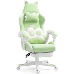 Cute Cat Gaming Chair with Paw Lumbar Cushion, PC Video Gamer Chair for Girl Teen Woman (Green)