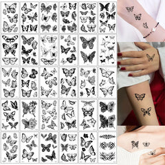 30Pcs Black Flower & Butterfly Temporary Tattoos