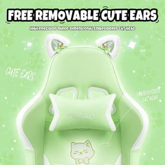 Cute Cat Gaming Chair with Paw Lumbar Cushion, PC Video Gamer Chair for Girl Teen Woman (Green)