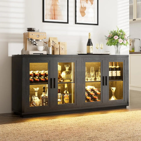 Wine Bar Cabinet with LED Light, 65" Sideboard Buffet Cabinet with Storage, Modern Home Coffee Bar Cabinet with Smart Human Sens