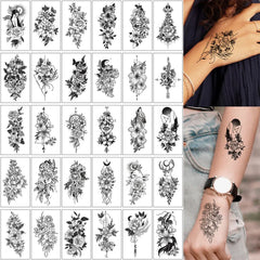 30Pcs Black Flower & Butterfly Temporary Tattoos