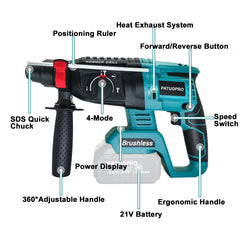 18V Brushless SDS Plus Rotary Hammer Drill – 4-Mode, Cordless (No Battery)