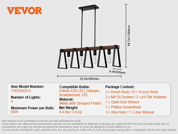 VEVOR 4-Light Kitchen Island Pendant