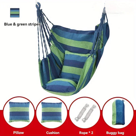 200KG Capacity Canvas Hammock Chair – Thick Striped Swing Seat with Storage Bag