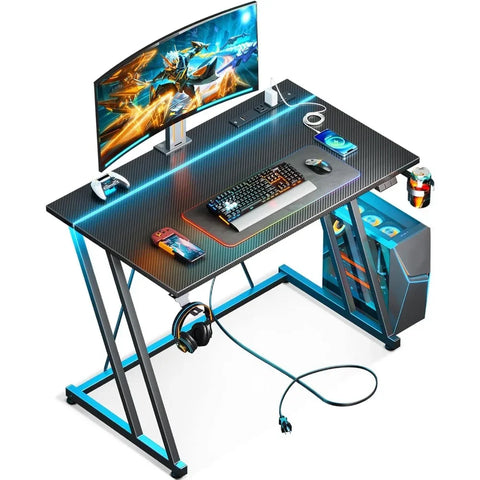 31.5" Small Gaming Desk – LED Lights & Power Outlet, Black